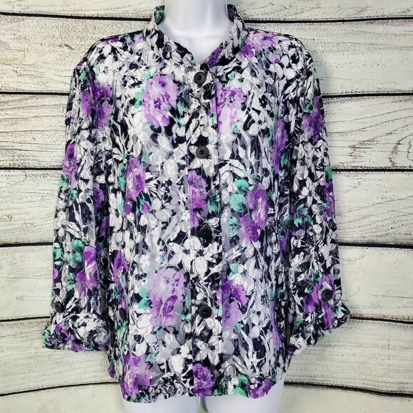 Christopher & Banks XL Purple Floral Lace Button Front Blouse Sheer Lightweight - Picture 1 of 7